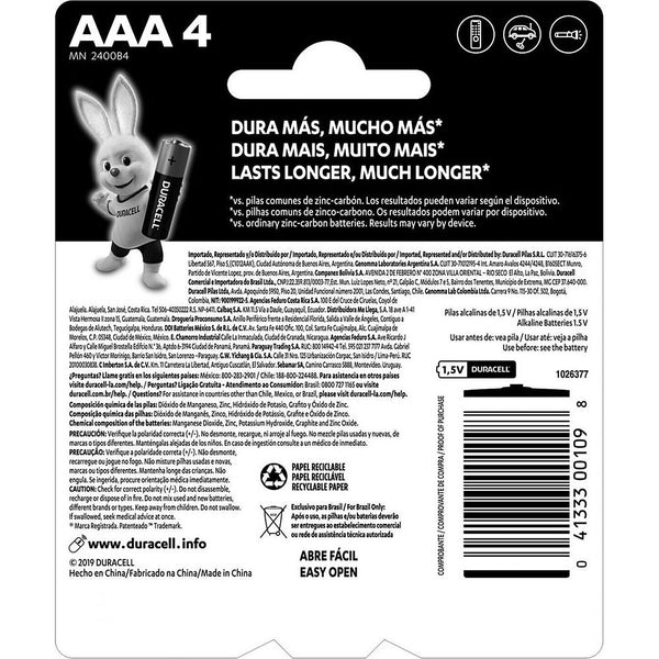 Pila Alcalina AAA Duracell con 4 Pzas