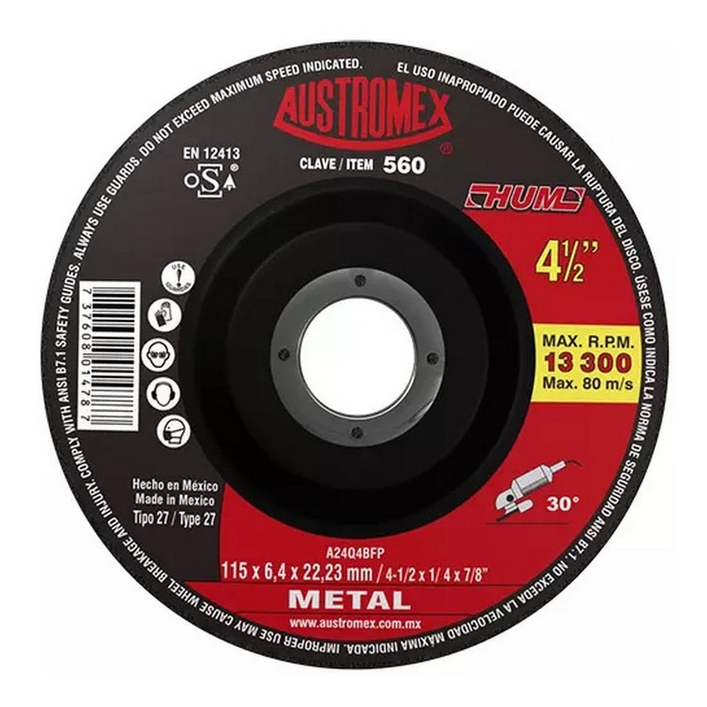 Disco T-27 4.1/2”x1/4”x7/8” para Desbaste de Metal - A4 560