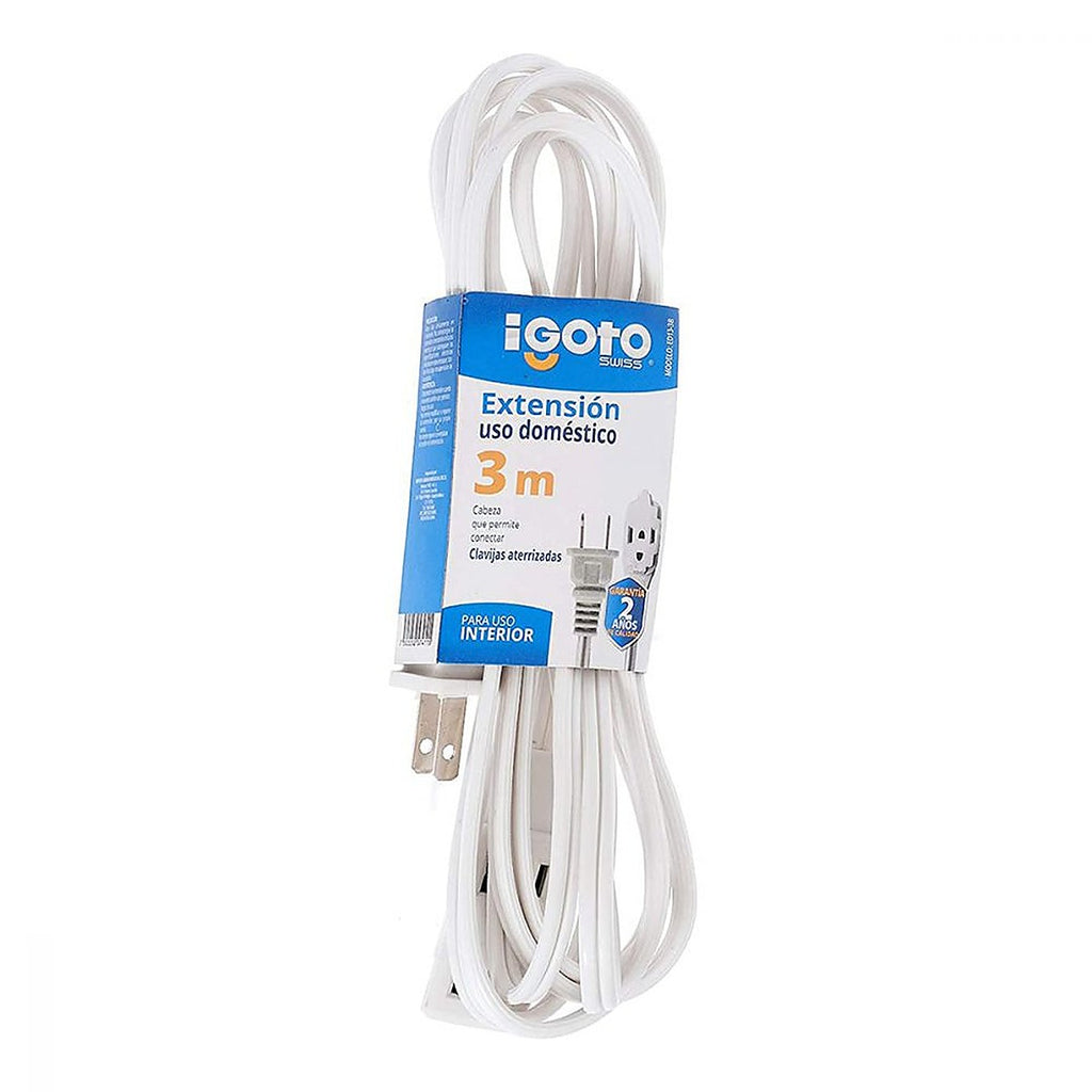 Extensión Eléctrica Casera 3.0 mt Blanca Calibre 16 / 120v / 7 amp