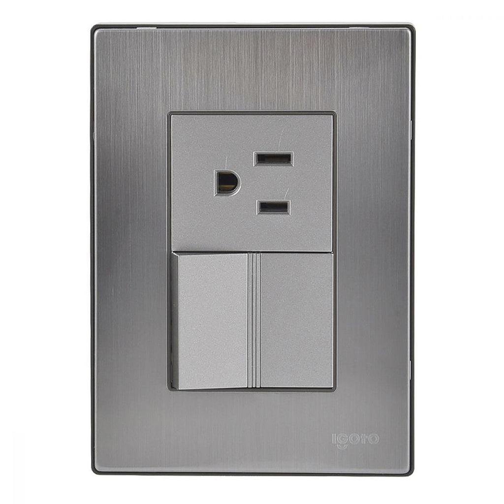 Placa Armada Inox con 1 Apagador Sencillo y 1 Contacto de 1.5 Módulos Plata