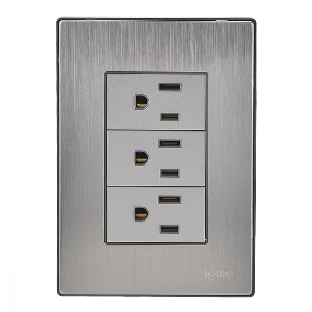 Placa Armada Inox con 3 Contactos Sencillos de 1 Módulo Plata