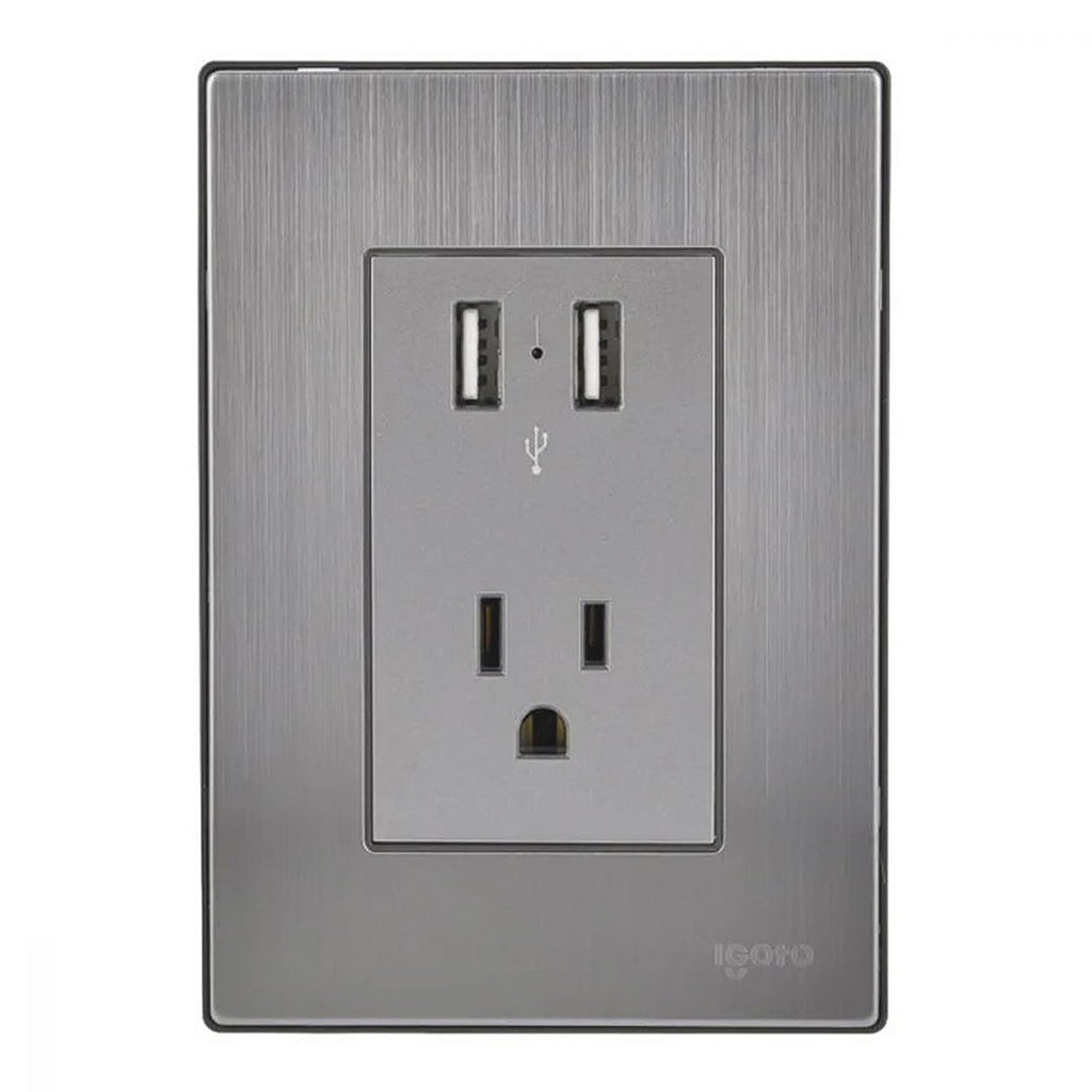 Contacto Eléctrico con Placa de Acero Inoxidable Aterrizado 125v 15a con 2 Entradas USB 2.1 a Acabado Plata