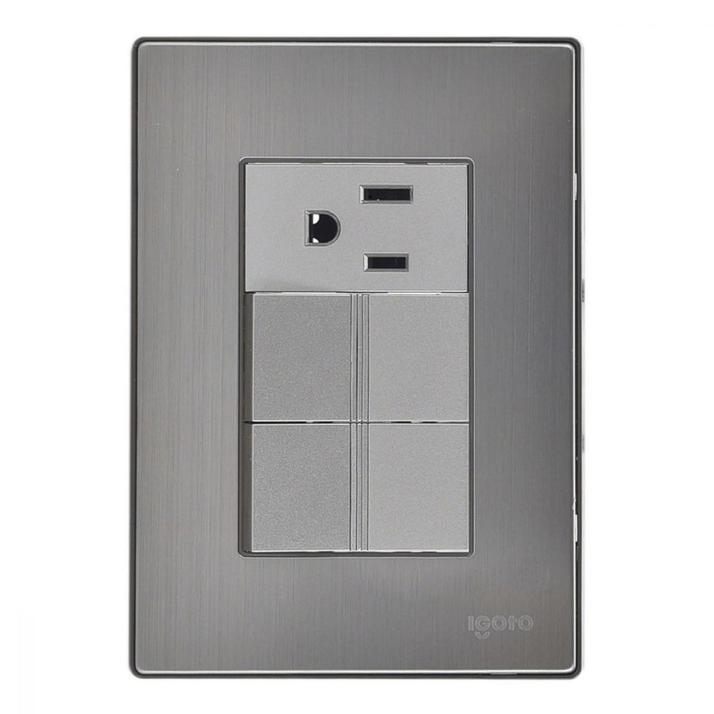 Contacto Eléctrico con Placa de Acero Inoxidable Aterrizado con 2 Apagadores 125v 15 a Acabado Plata