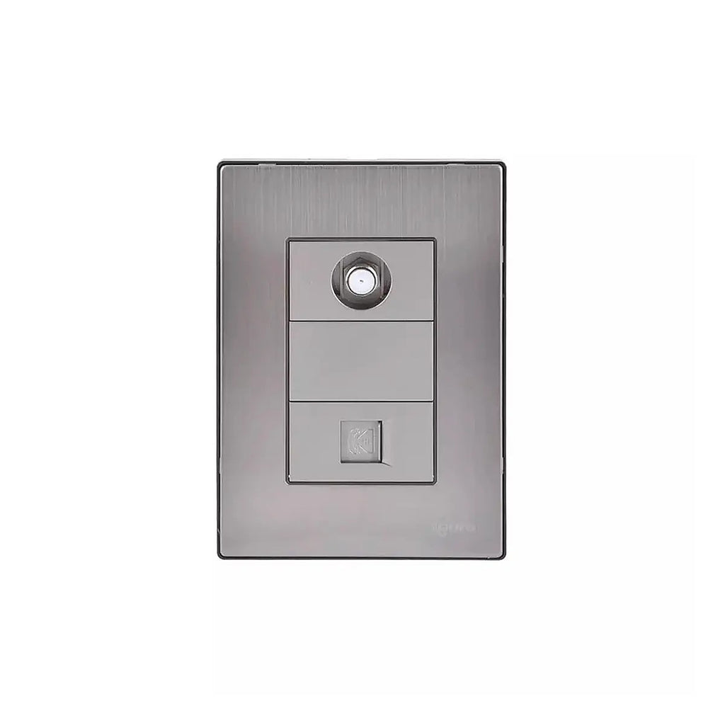 Placa Armada Inox con Toma de Teléfono + con Toma Coaxial de T.V. de 1 Módulo Plata