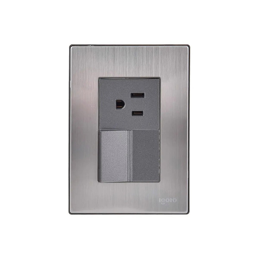 Placa Armada Inox con Apagador Sencillo + Contacto de 1.5 Módulos Oxford
