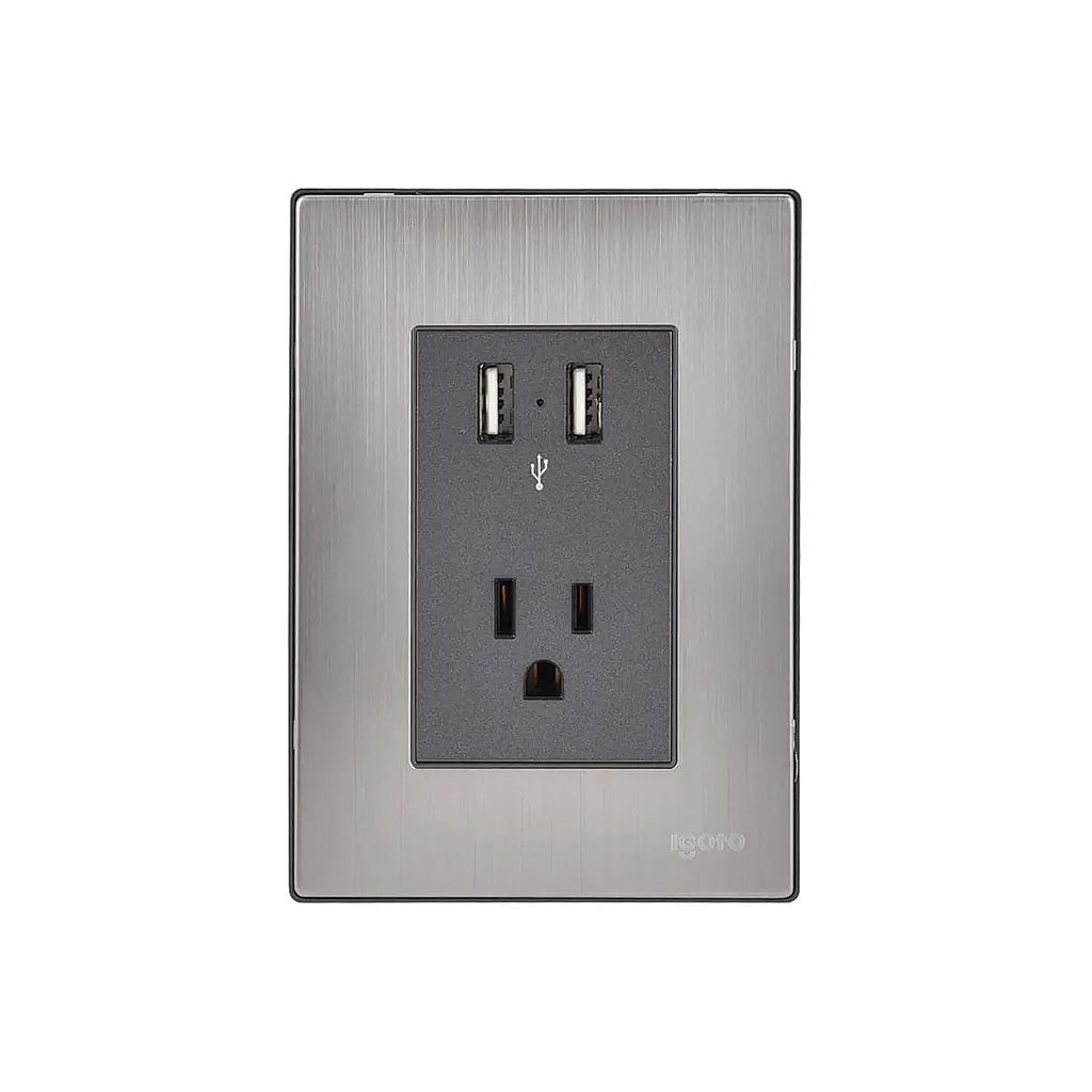 Placa Armada Inox con 2 Tomas USB de 2.1a + 1 Contacto de 1 Módulos Oxford