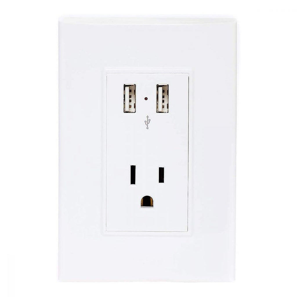 Contacto Eléctrico con Placa Sencillo 15a 125v + 2 Cargador USB 2.1a Blanco