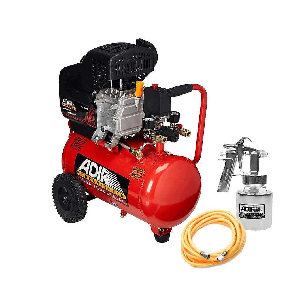 Compresor Motor Lubricado 120v 2850 rpm 2.5 HP 25 lt 115psi Horizontal + Manguera y Pistola de Gravedad