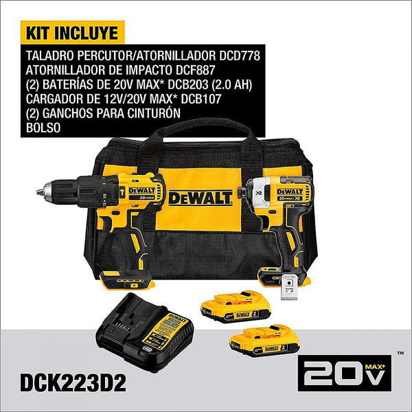 Rotomartillo 1/2” 20v 0/1750 rpm + Pistola de imp 1/4” 20v 0/3200 gpm + 2 Baterías + Cargador + Bolsa de contratista