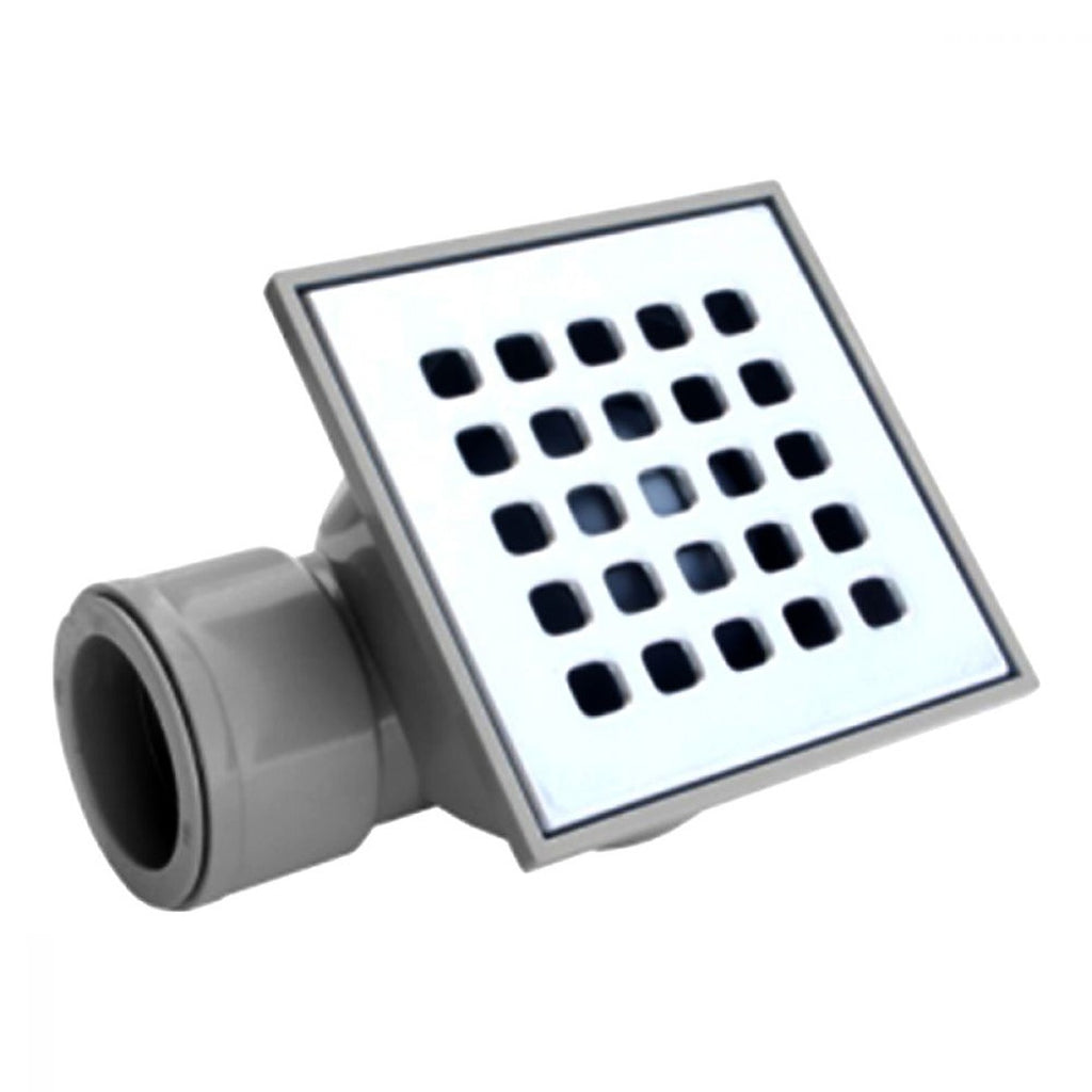 Coladera para Piso Cuadrada 10x10 cm de PVC con rejilla de Acero Inoxidable Salida Horizontal