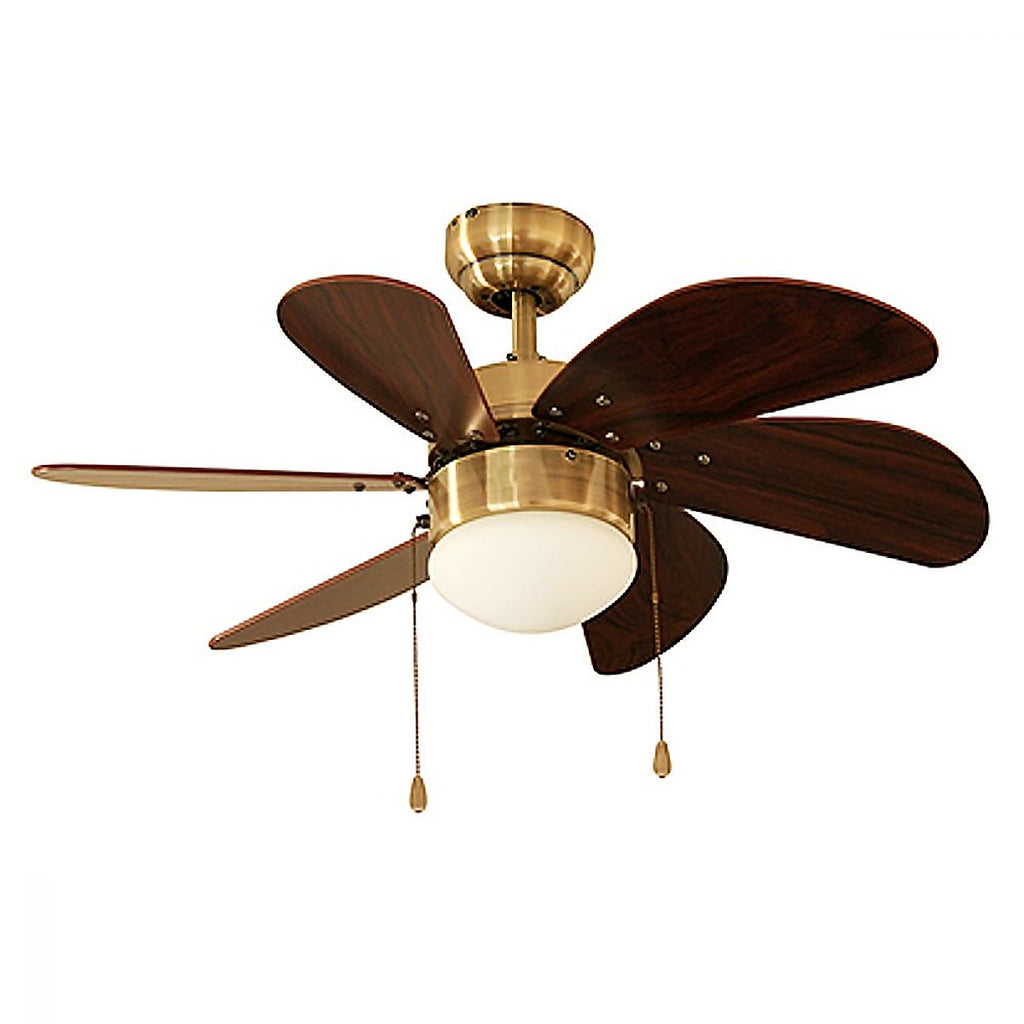 Ventilador para Techo 30” 3 Velocidades 60w 6 Aspas Nogal Acabado Latón Antiguo con Socket para Lámpara