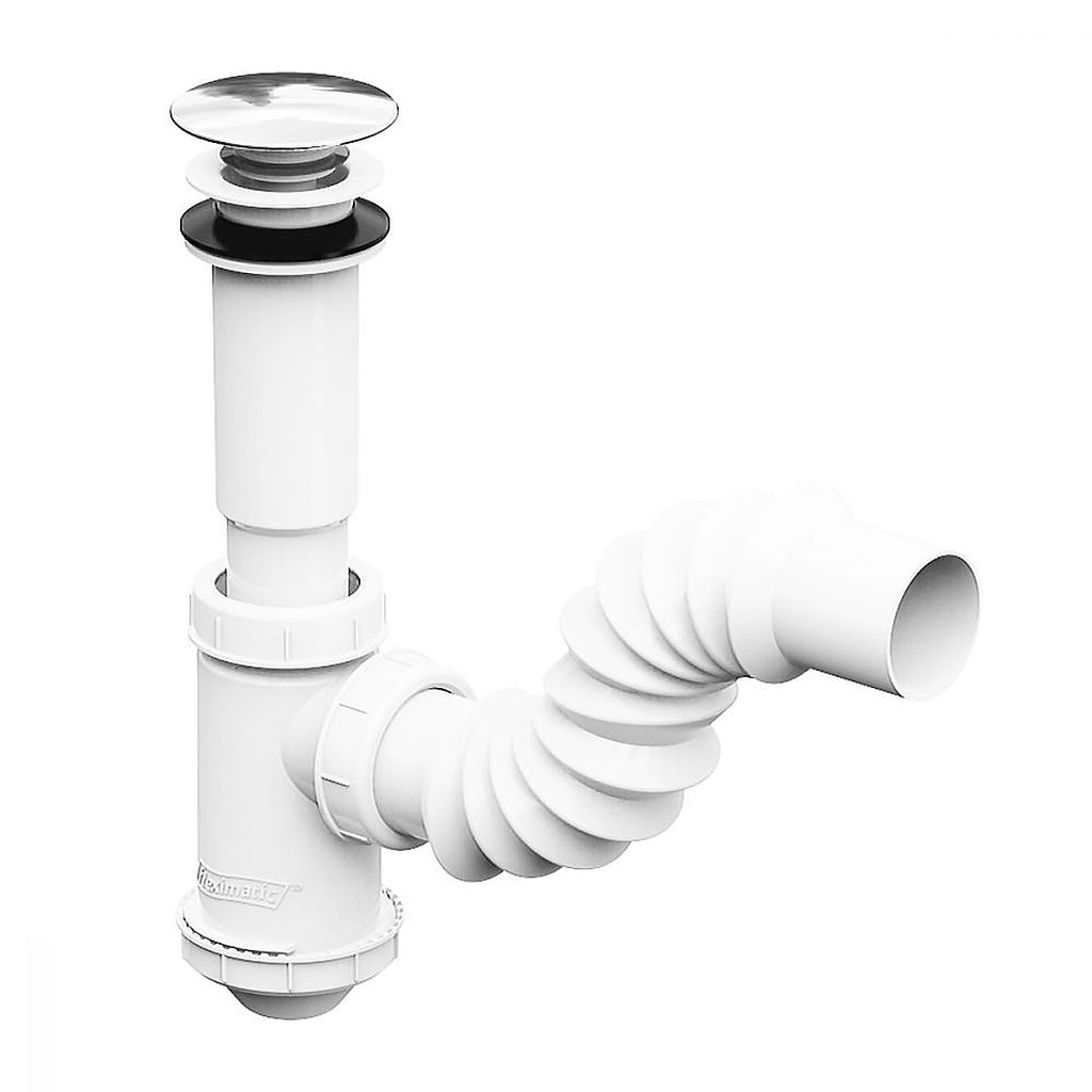 Cespol para Lavabo con Cubierta de Plástico Tubo Flexible Bote Chico con Tapón Push