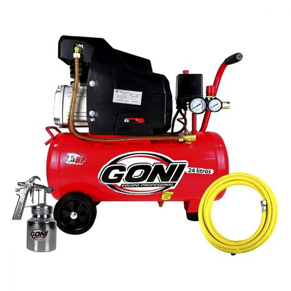 Compresor Motor Lubricado 120v 3450 rpm 2.0 HP 24 lt Horizontal + Manguera 170 + Pistola 28vinilica