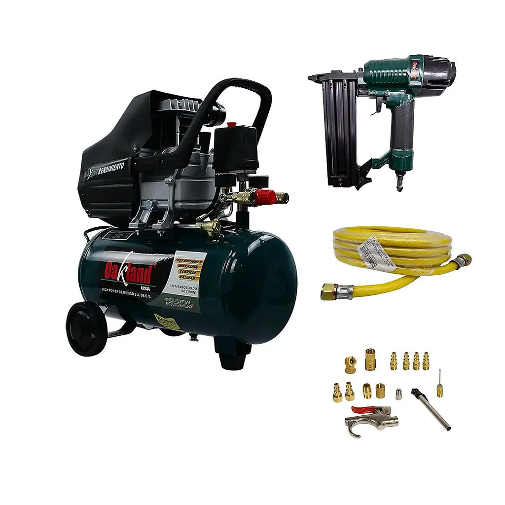 Compresor Motor Lubricado 3450 rpm 2.5 HP 25 lt + Clavadora Neumática 5/8”-2” + Accesorios de Aire