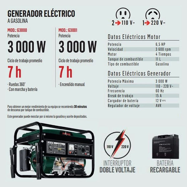 Generador Monofásico 120/240v 6.5 HP 11 lt Cargador de Baterías 12v Motor de 4 Tiempos Encendido Eléctrico
