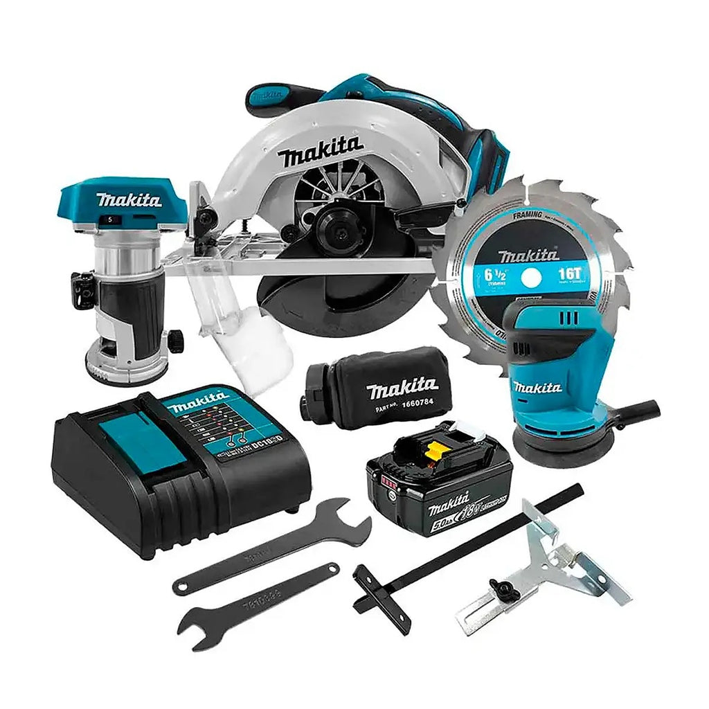 Kit Sierra Circular 0-37000 rpm + Lijadora 11000 rpm + Rabajadora 30000 rpm + 1bat Litio-Ion + Cargador 18v