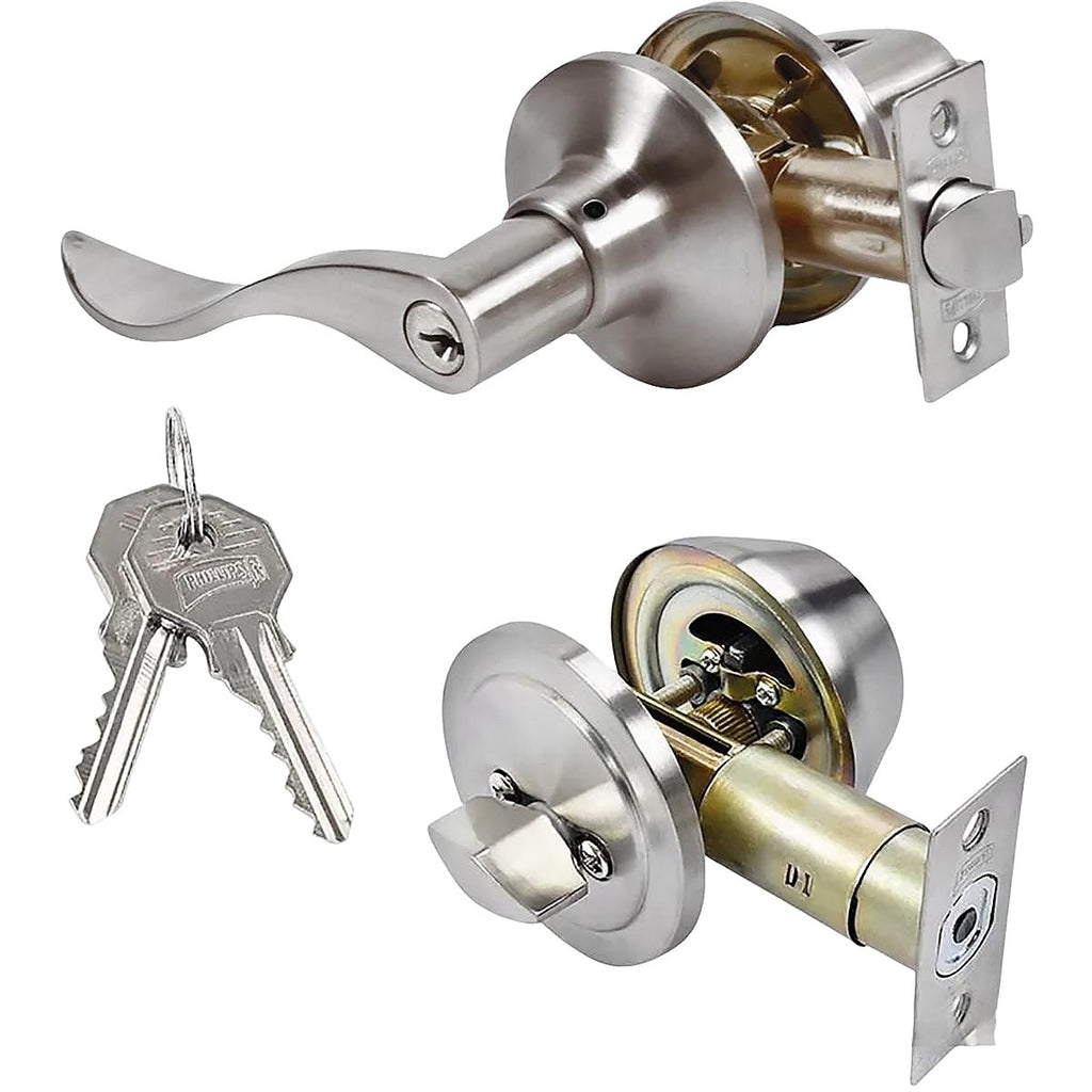 Combo de Cerradura Manija Nogal Recamara Níquel Satinado Nogal + Cerrojo Llave/mariposa - P7 MX6971