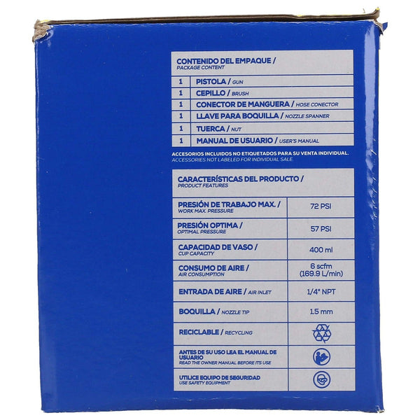 Pistola para Pintar de Gravedad Vaso Aluminio Giratorio 400 ml Boquilla 2.6 Scfm 70 Psi